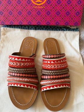 Tory Burch Mixed Trims Flat Sandal Poppy Red Multi Embellished Slide Size 7.5M